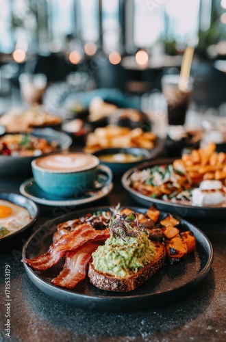 Close-up view of a table laden with breakfast dishes including bacon, eggs, avocado toast, and coffee. Soft, blurry background