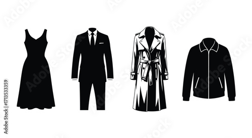 Elegant black attire collection featuring dress suit trench coat and jacket for sophisticated style vector