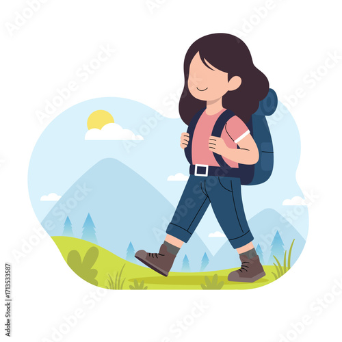 Smiling Kid Girl Hiking with Backpack vector illustration