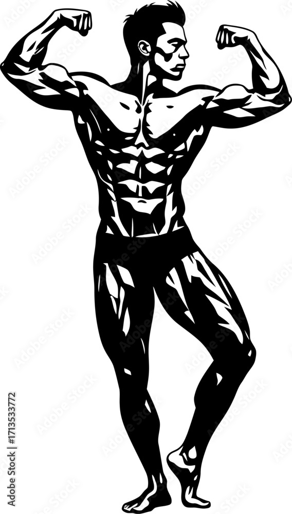 Fototapeta premium the black and white bodybuilder a monochromatic masterpiece of strength, isolated on transparent background