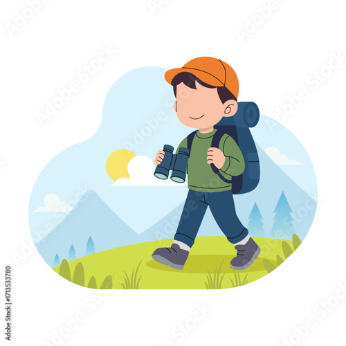Smiling Boy Hiking with Backpack and Binocular vector illustration