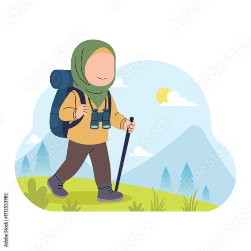 Smiling Kid Girl with hijab Hiking with Backpack and Binocular vector illustration