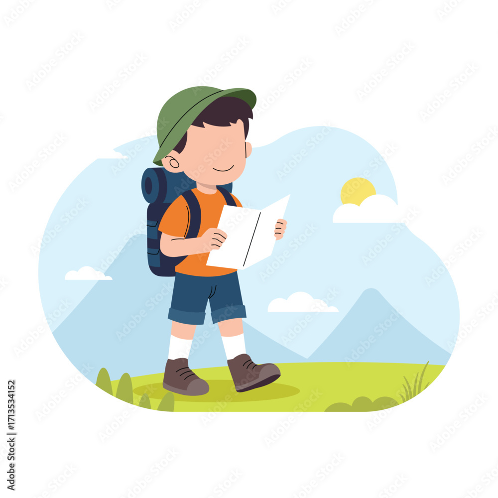 Fototapeta premium Smiling Boy Hiking with Backpack and map vector illustration
