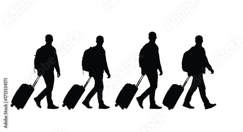 Silhouettes of travelers with rolling luggage walking in a row vector