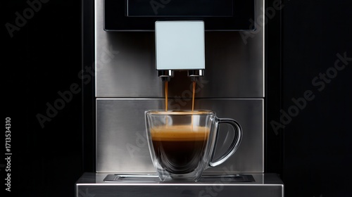 A sleek coffee machine pours rich espresso into a clear glass cup, showcasing a modern design against a dark background.