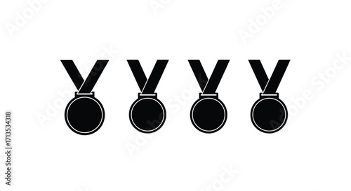 Four dark sport medals with ribbons hanging vertically representing achievement victory and success vector