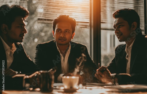 Three young men in suits engage in focused discussion over documents and steaming drinks, near a window bathed in warm light