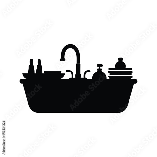 Silhouette of a sink full of kitchenware and bottles with faucet, kitchen sink with dishes silhouette vector illustration