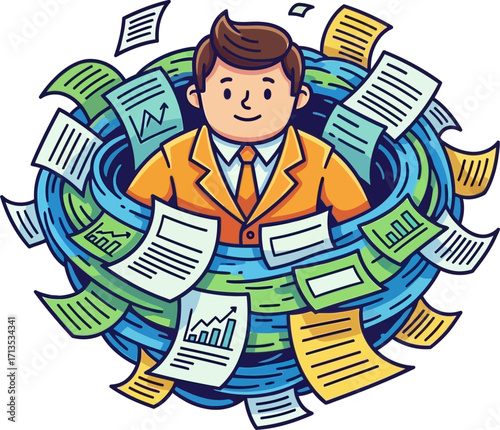 the drowning in documents a businessmans paper vortex, isolated on transparent background
