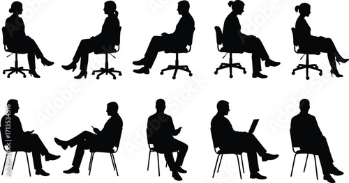Silhouette of business people sitting on chairs, office workers, teamwork discussion, corporate meeting posture, casual sitting design, vector illustration