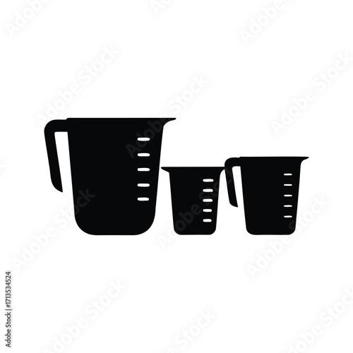 Three black measuring cups of varying sizes on a white background, measuring cups silhouette vector illustration