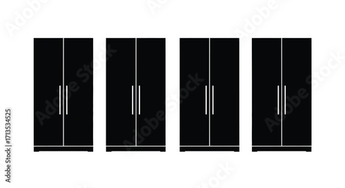 Four glossy black wardrobes with silver handles against a clean white surface. vector