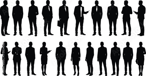 Silhouette of business people standing together, office workers, teamwork collaboration, corporate meeting discussion, professional group posture, vector illustration design