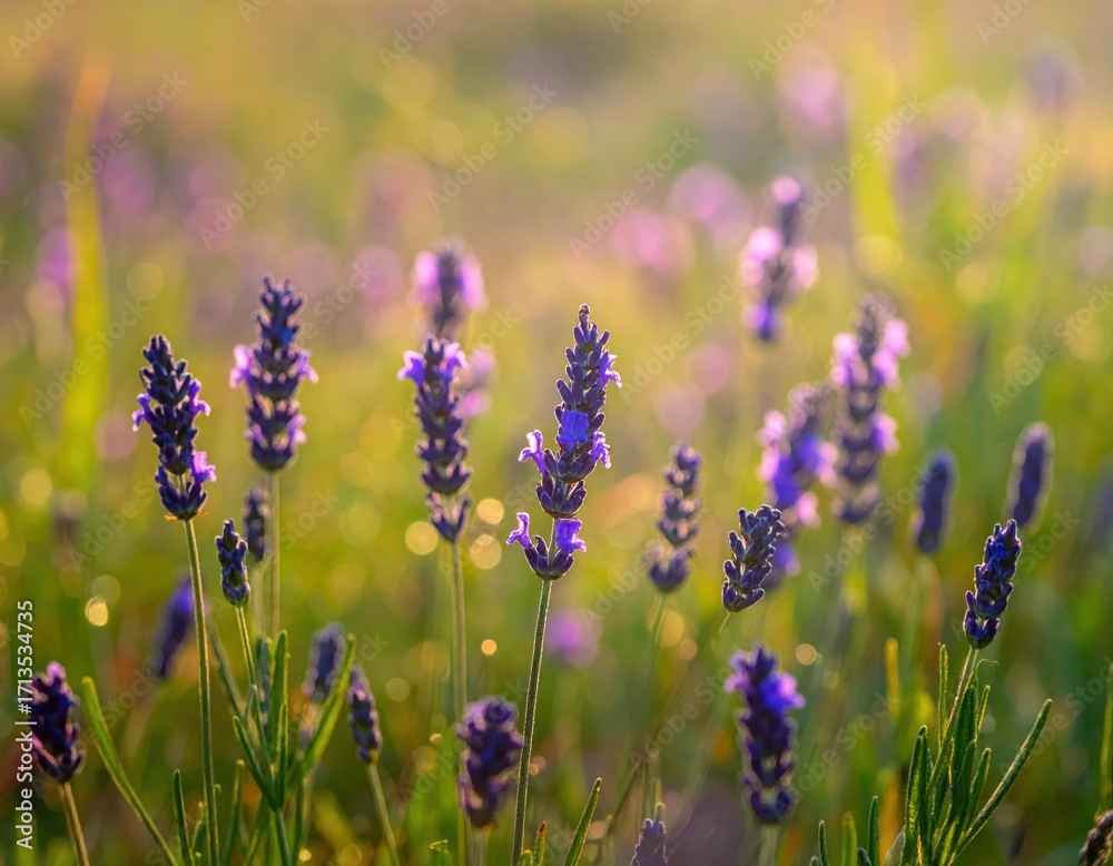 Fototapeta premium Beautiful Lavender Field Blooming in Warm Sunset Glow
