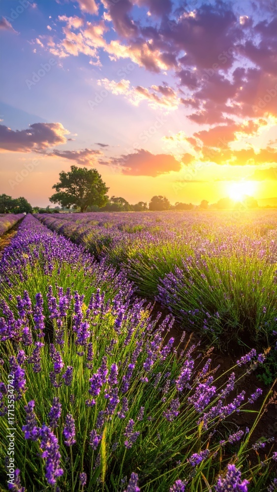 Obraz premium Beautiful Lavender Field Under Colorful Sunset Sky