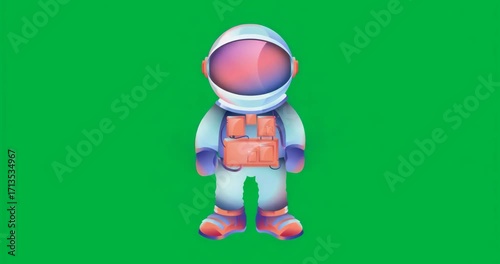 On fade-in, astronaut appearing on transparent background pulsing neon aura showing glitch field