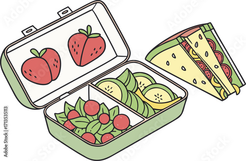 Flat vector illustration healthy lunch box fruits salad sandwich