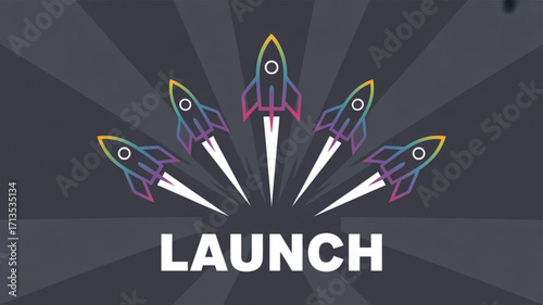 A vibrant illustration featuring five stylized rockets launching upwards against a dark gray backdrop with radiating light beams, symbolizing a new project launch