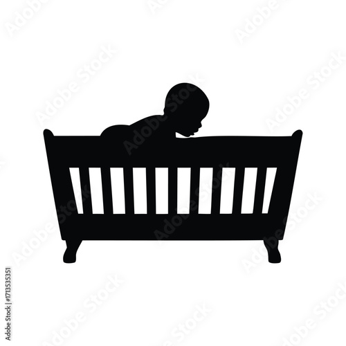 Silhouette of a Baby in a Crib, Symbolic of Infancy and Childcare, newborn baby in crib silhouette vector illustration