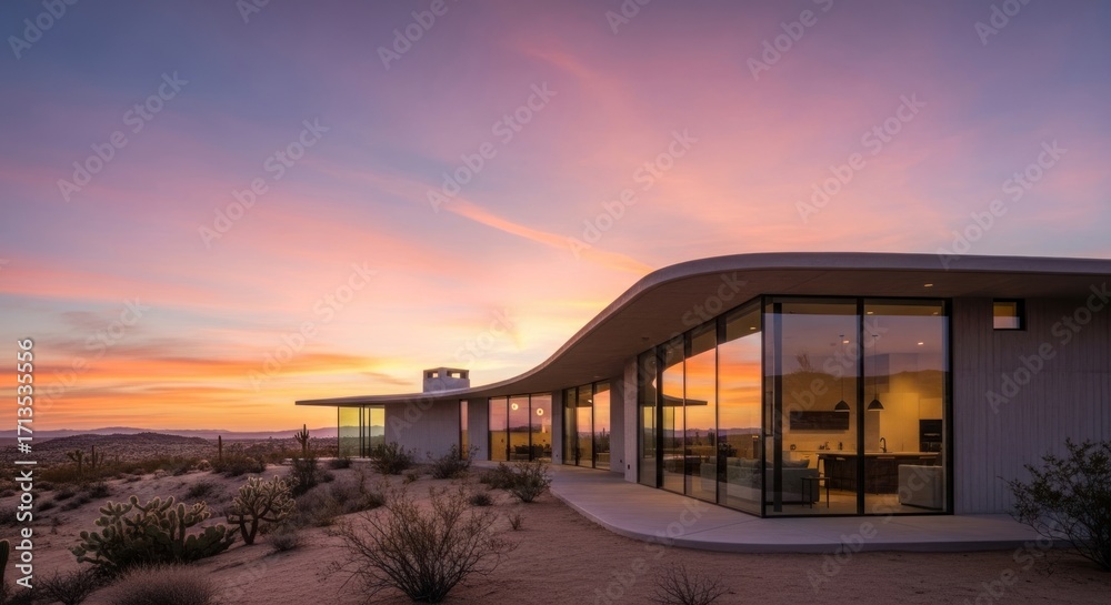 Obraz premium A modern house with a curved roof sits in the desert at sunset, with a colorful sky and desert plants