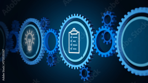 Startup launch concept with gears and checklist icons representing preparation, documentation, and innovation workflow as business backdrop