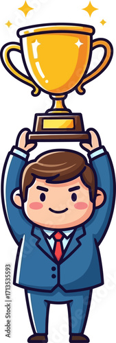 triumphant businessman celebrating success with golden trophy, isolated on transparent background