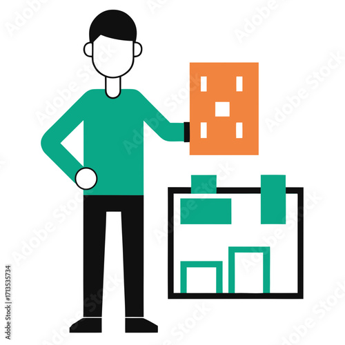 Man holding a building block and planning a construction project