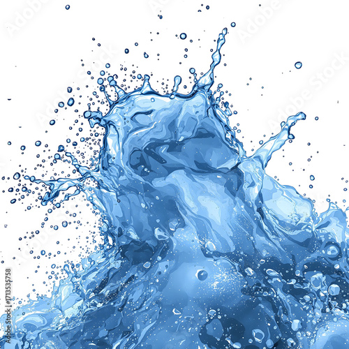 Ultra-dynamic blue water flux creating a powerful and invigorating splash, captured in high-speed motion against a pristine white background, symbolizing refreshing purity and natural vitality