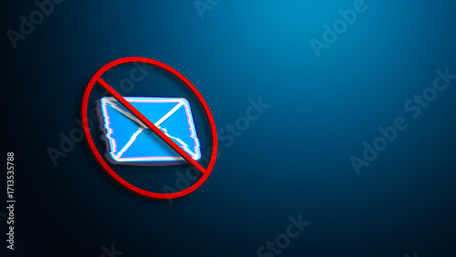 Glitch email icon with red ban symbol representing blocked communication spam warning cybersecurity threats and digital message restrictions
