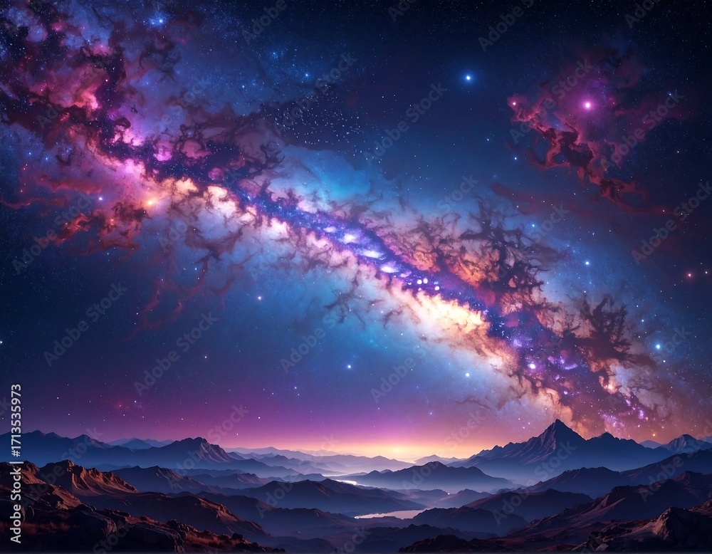Naklejka premium Majestic galaxy above a landscape of mountains