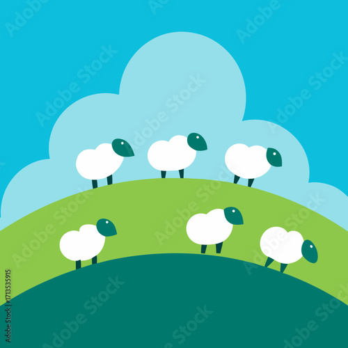 Fluffy white sheep grazing on a green hill under a blue sky