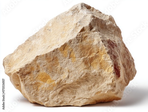 A rough, tan-colored sedimentary rock sits on a white background, casting a faint shadow. The stone features layered textures and irregular shapes