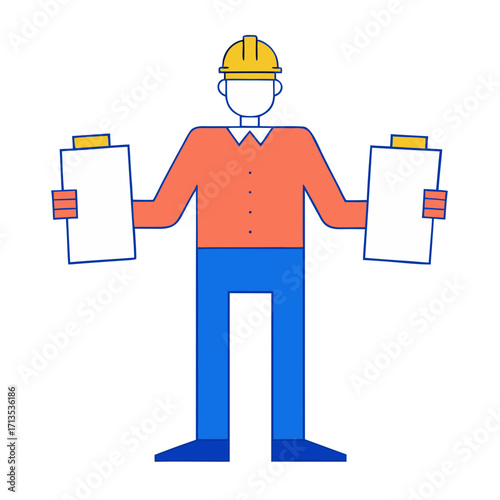 Construction worker with clipboards and hard hat on transparent background