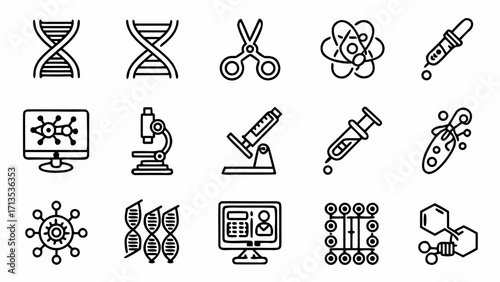 Vector art of scientific icons collection including dna, microscope, atom, and lab tools created and generated with generative ai #29