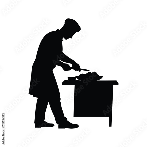 Chef preparing a meal by chopping vegetables on a wooden table, person cutting meat silhouette vector illustration