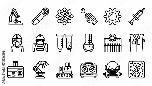 Vector art of detailed set of science and industry icons including microscope, gear, test tube, and robot created and generated with generative ai #26