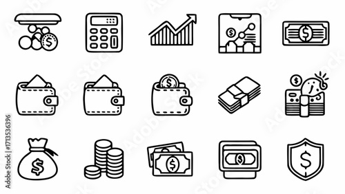 Vector art of detailed financial and money icons set including wallet, calculator, and graphs created and generated with generative ai #25