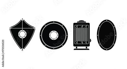 Four distinct retro vintage style black silhouettes of graphic elements and devices on white vector