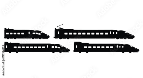 Modern high speed train silhouettes set for transportation and travel concept design vector