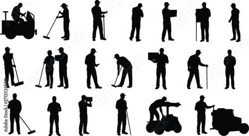 Silhouette workers vector illustration, people with tools and equipment, construction labor, cleaning service, teamwork occupation, professional job design, industrial work art