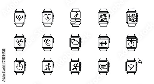 Collection of hand drawn smartwatch icons showing various app interfaces and functions vector
