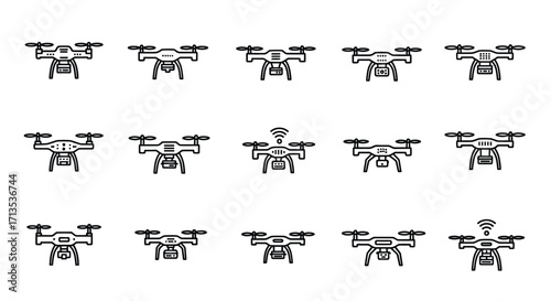 Grid of modern drone icons featuring propellers and camera for aerial photography and surveillance vector