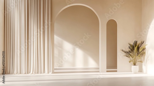 Modern minimalist interior design with arch doorway natural light neutral colors peaceful atmosphere