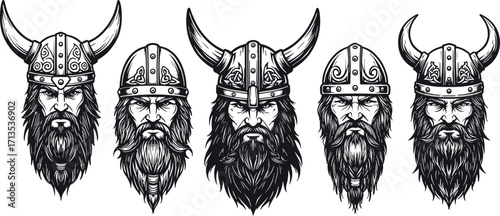 Viking warrior head illustrations with horned helmets, bearded Norse fighters, black and white vector art for tattoo, logo, and design projects