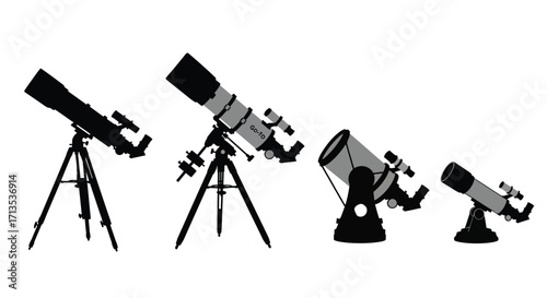 Collection of four telescopes of varying sizes and mounts for astronomical observation vector