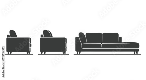 Modern furniture collection stylish sofa and armchair line art design vector