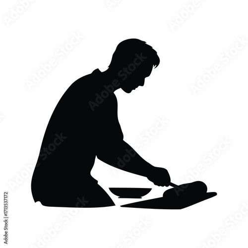 Silhouette of a person meticulously preparing food with a knife and board, person slicing bread silhouette vector illustration