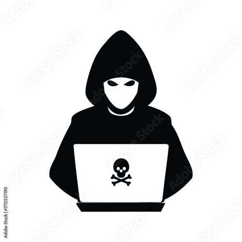 Black hooded figure at computer with skull and crossbones warns of cyber threats, person using hacking tools silhouette vector illustration