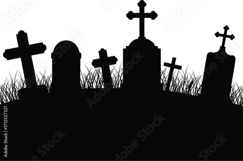 Cemetery gravestone crosses grass silhouette vector