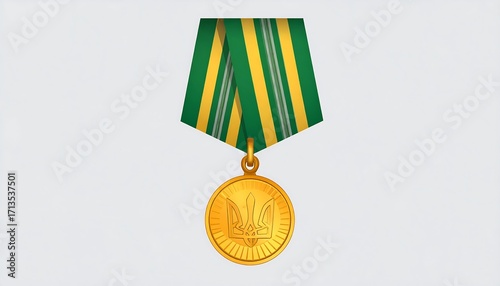 Gold medal with green and yellow ribbon